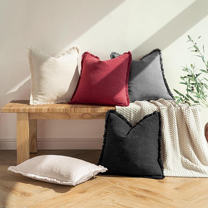 MIULEE Christmas Decorative Throw Pillow Covers Neutral Linen Fringe Throw Pillows Set of 2 Burgundy Boho Farmhouse Cushion Covers with Tassels for Couch Sofa Bed Living Room Home Decor 18x18 Inch