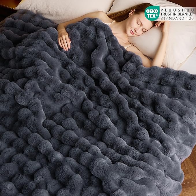 Faux Fur Throw Blanket for Couch, Fluffy Fuzzy Plush Bubble Blanket, Soft Warm Cozy Shaggy Rabbit Blanket, Luxury Decorative Gifts for Sofa Bedroom Living Room, 60x50inch (Grey)
