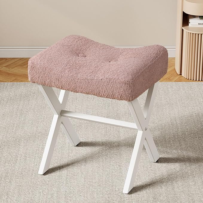 18-Inch Vanity Stool Chair, Vanity Bench with Metal X-Legs, Ottoman Accent Stool with Breathable and Soft Boucle Fabric Saddle Seat, Pink