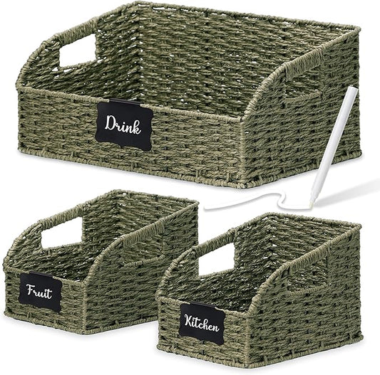 Wicker Baskets for Organizing,Pantry, Kitchen Counter with Handles, Handwoven Woven Storage Baskets for Fruit, Bread, Vegetable, Paper Storage Bins for Shelves, 3 Pack, Green