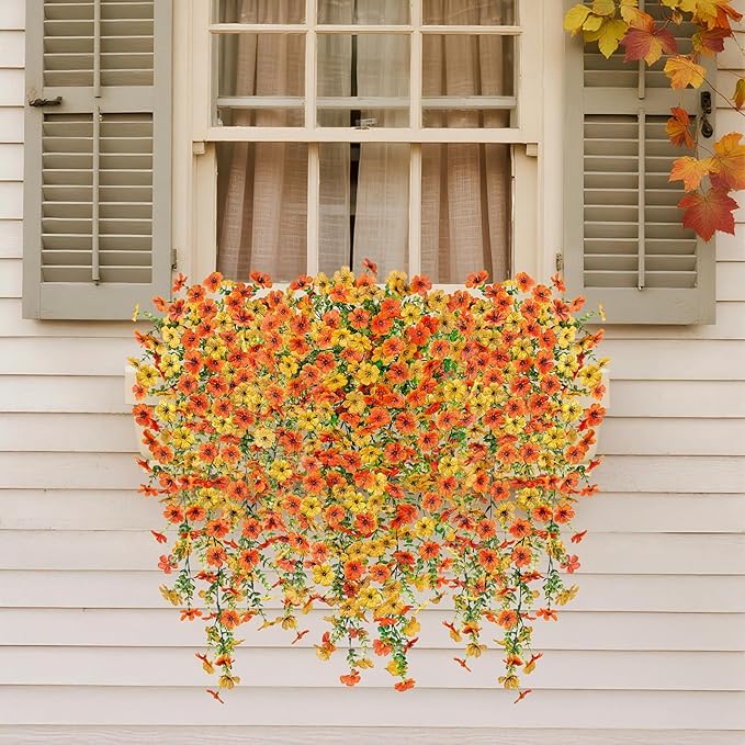 Fake Mums Artificial Hanging Flowers for Outdoor Fall Decoration, 2 PCS Silk Daisy Flower Realistic Faux Plants UV Resistant for Porch Patio Window Yard Outside Autumn Decor(Yellow Orange)