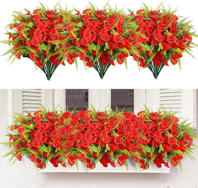 Artificial Flowers Outdoors 12 Bundles Artificial Petunias Fake Flowers UV Resistant Shrubs Plants with Fern for Indoor Outside Hanging Planters Home Garden Summer Decorations (Red)