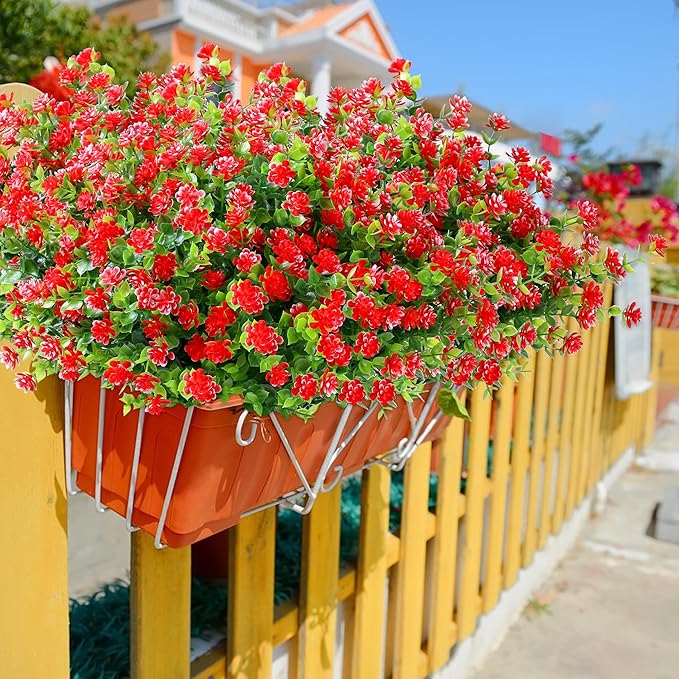 SITUMEIZI 8 Bundles Red Artificial Flowers Outdoor Fake Flower Plastic UV Resistant Shrubs Greenery Plants Hanging Decorations Garden Porch Window Box Farmhouse Outside Summer Indoor Decor