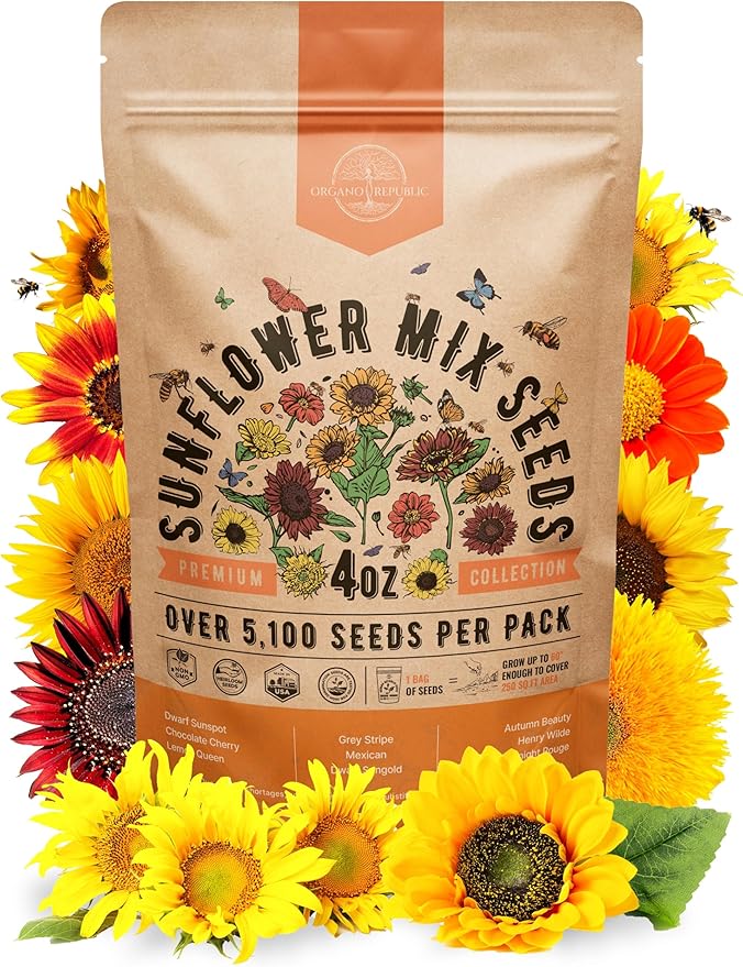 Sunflower Mix Seeds Pack 4 oz - Over 5,100 Non-GMO Heirloom Sunflower Seeds for Planting, Annual Flowers in Individual Seed Packet for Planting Home Garden Indoor & Outdoor Gardening
