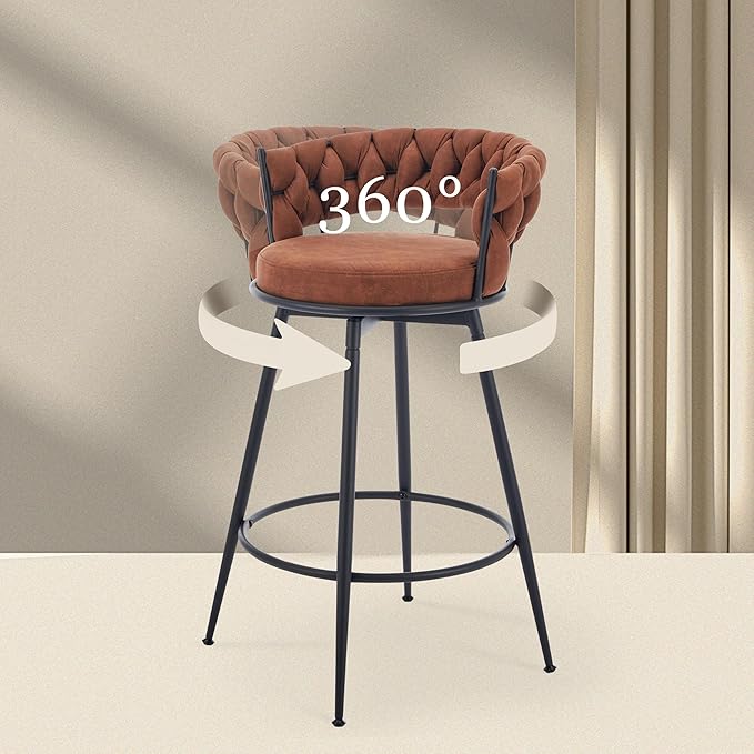 Brown Bar Stools Set of 3, 28 Inch Barstool with Metal Legs, 360° Swivel Counter Height Bar Stools with Woven Back Leather Upholstered, Modern Chair for Kitchen Island, Cafe