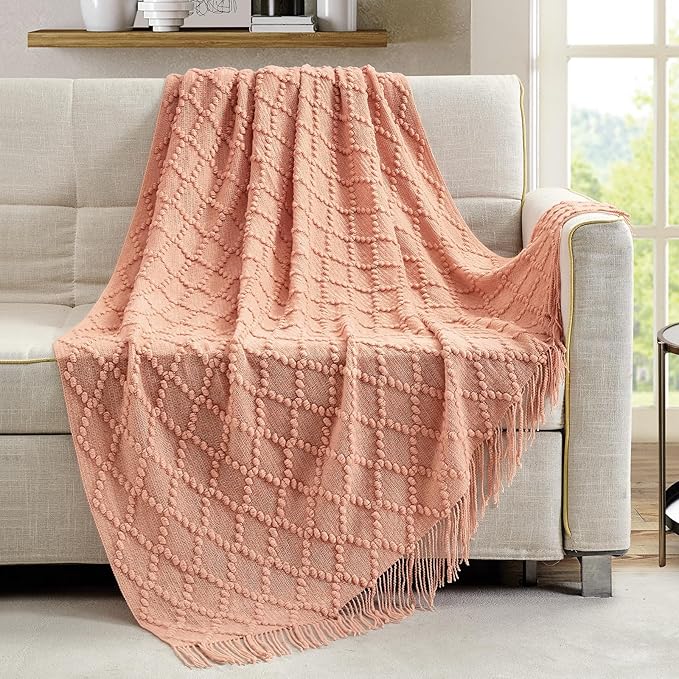 BOURINA Orange Throw Blanket 50 x70 Inches Jacquard Argyle Throw Textured Solid Soft Throws and Blankets for Sofa or Bed Knitted Decorative Blanket