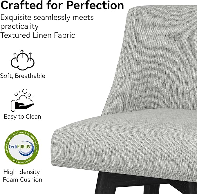 Counter Height Bar Stools Set of 2, Modern Swivel Barstools with Back and Wood Legs, Linen Fabric Upholstered Counter Height Stools, 26" H Kitchen Island Stools, Home Bar, Light Grey