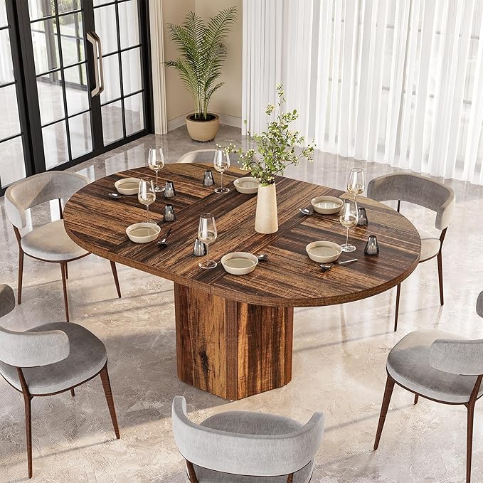 LITTLE TREE 55-Inch Rustic Oval Dining Table for 6, Wood Kitchen Table, Country Chic Furniture for Kitchen, Dining Room & Living Room Wooden Base, Brown Finish