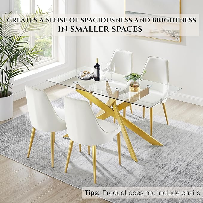 Edwin's Choice 58.5” Rectangle Glass Dining Table, Tempered Glass Table Top and Metal Tubular Legs, Modern Style Table for Home, Kitchen, Dining Room 58.5”Lx29”Wx30”H, Gold