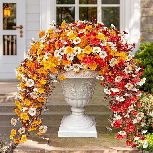 8PCS Artificial Fall Hanging Flowers for Outdoor, Fake Silk Petunias Plants, Fake Mums, Fall Outdoor Decoration, UV Resistant, Morning Glorias, for Home Garden Porch Decor (Early Harvest)