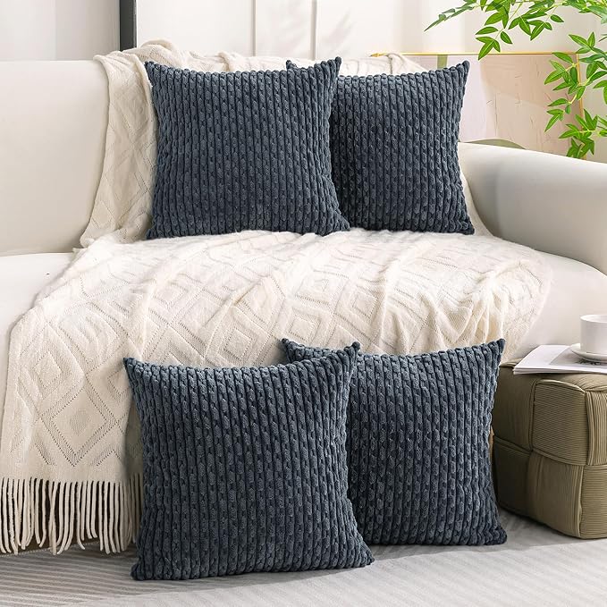 Set of 4 Grey Blue Decorative Throw Pillow Covers 24x24 Inch Corduroy Pillow Covers for Bed Couch Sofa Living Room Soft Square Cushion Cases
