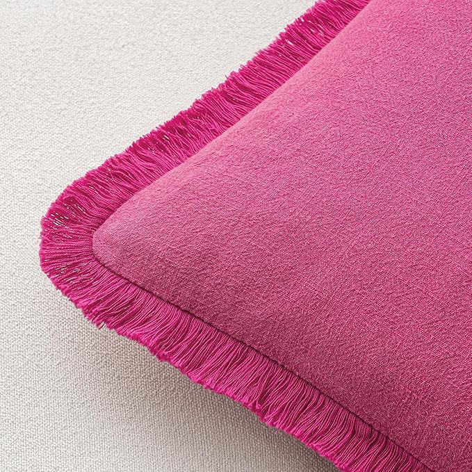 MIULEE Decorative Throw Pillow Covers Neutral Linen Fringe Throw Pillows Euro Shams Set of 2 Hot Pink Boho Farmhouse Cushion Covers for Couch Sofa Bed Living Room Spring Home Decor 24x24 Inch