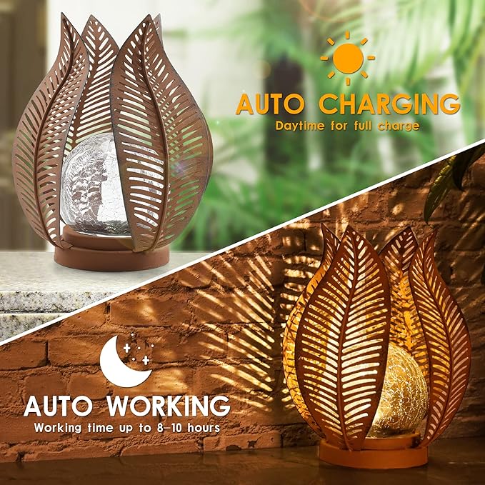 Solar Outdoor Lights Garden Decor Waterproof Crackle Glass Globe,Metal Yard Art Outdoor Solar Garden Lights for Decor Yard,Porch,Patio Decorations.Gardening Gifts for Women/Mom.