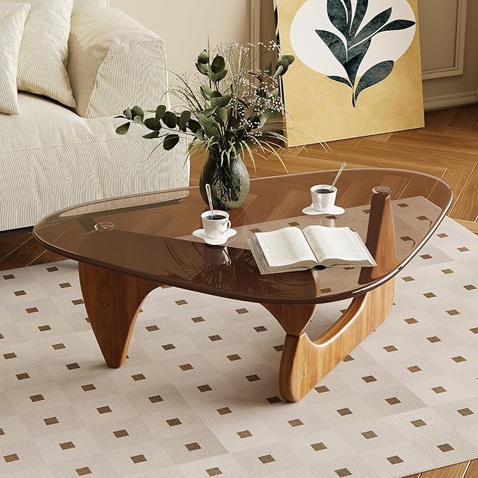 Glass Coffee Table for Living Room Mid Century Modern Triangle Center Table with Wooden Base, Brown/Walnut