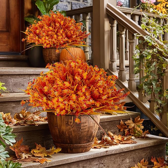 Artificial Fall Flowers Outdoor Fake Mums - 16 Bundles Fake Plants UV Resistant No Fade Faux Plastic Greenery Garden Porch Patio Fall Home Decor (1, OrangeYellow)