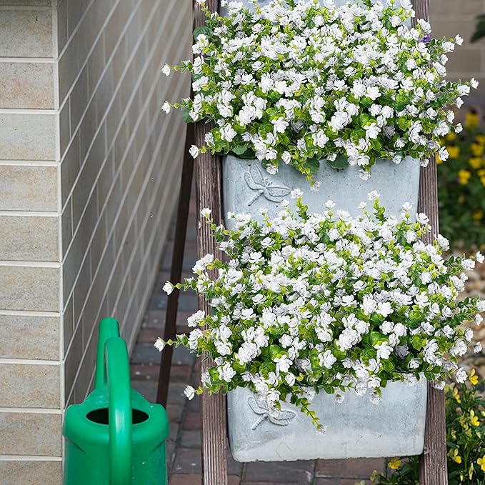 Outdoor Artificial Flowers UV Resistant, 20 Bundles Fake Realistic Floral Greenery Plants for Outside Porch, Window Boxes, Garden, Yard, Inside Home Table Decor, White