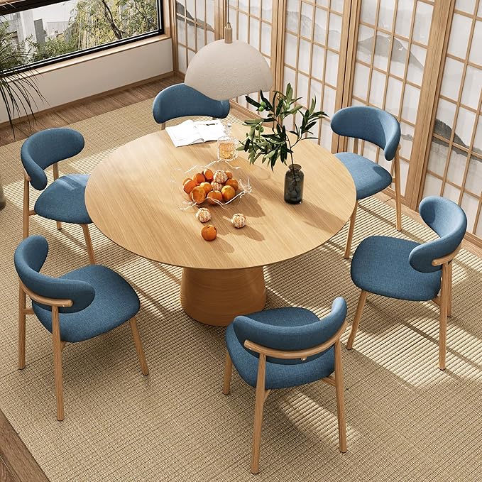 Kitchen Dining Chairs Set of 6 Modern Soft Linen Farmhouse Dining Room Chair with Metal Legs, Blue/Original