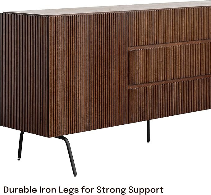 NTC Veil Sideboard with 2 Doors and 3 Drawers, Buffet Cabinet with Vertical Groove Design and Metal Legs, Storage Cabinet for Living Room, and Entryway, Effortless Assembly - Dark Walnut