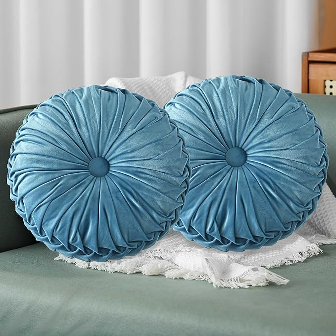 HIG Set of 2 Dusty Blue Ruched Velvet Round Throw Pillows – 14.5’’ Decorative Pillows with Soft Polyester Filling for Couch, Bed, Living Room, Bedroom, or Dorm – Handmade, Stress Relieving, All-Season