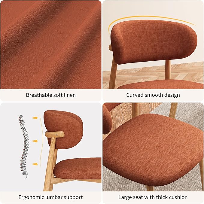 Kitchen Dining Chairs Set of 2 Modern Soft Linen Farmhouse Dining Room Chair with Metal Legs, Orange/Original