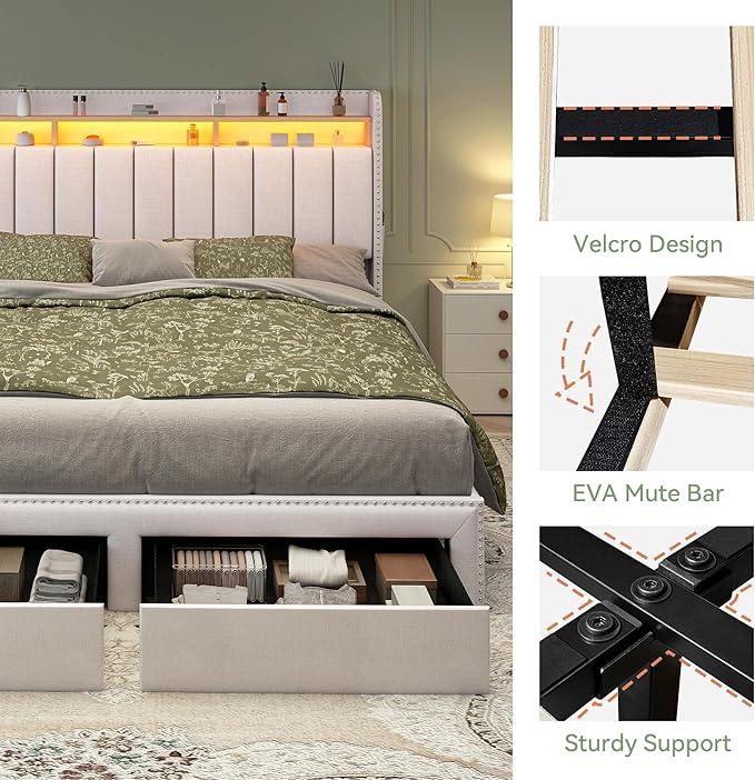 Torana King LED Bed Frame with 2 Drawers, Linen Upholstered Storage Wingback Headboard Beds, Channel Tufted Platform Bedframe with Rivet Decor, No Box Spring Needed, Natural