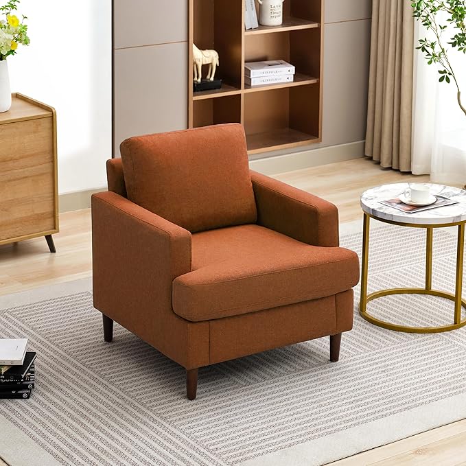 Mid-Century Accent Chair,Modern Linen Fabric Armchair for Living Room,Comfy Upholstered Reading Accent Chairs for Bedroom,Single Sofa Chair with Wood Legs (Orange, 1 Pack)