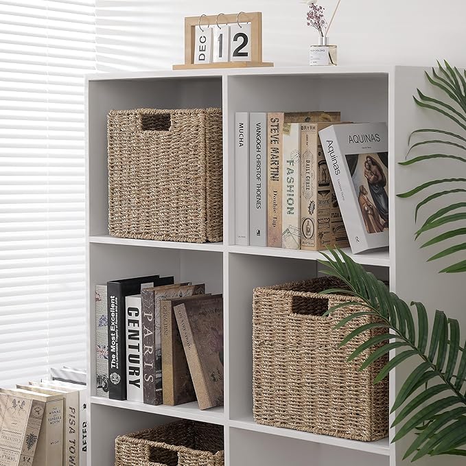 10.5 x 10.5in Seagrass Storage Baskets Set of 4, Cube Foldable Woven Storage Baskets for Shelves, Decorative Seagrass Shelf Basket