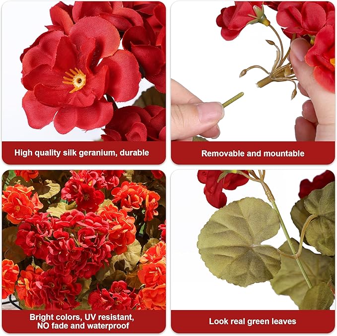 Fake Geraniums Artificial Flowers for Outdoors Fall Autumn Decoration, 6 Bundles Silk Geraniums Look Real Faux Fall Flowers Plants for Front Door Garden Planter Patio Balcony Yard Home Indoor, Mix