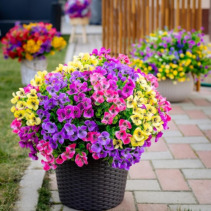 Artificial Flowers Outdoor Fake Plants - 16 Bundles UV Resistant No Fade Faux Shrubs Plastic Greenery Home Garden Porch Patio Decoration (1, Multi02-16pcs)