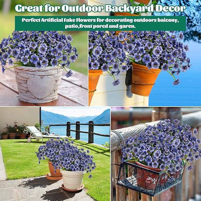 Lnoicy 24 Pcs Artificial Flowers for Outdoor,Plastic Flowers Decoration, UV Resistant Faux Flowers Shrubs, Artificial Plants for Indoor Outside Garden Home Wedding Farmhouse(Blue)