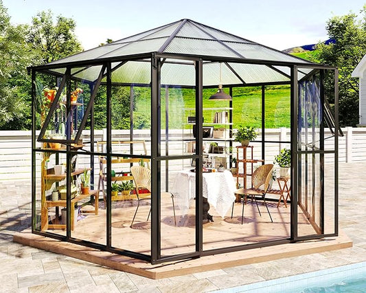 Jocisland 12x10x8 FT Hexagonal Greenhouse for Outdoors, Quick-Connectors, Aluminum Frame with 2 Vents, 2 Swing Doors, and Walk-in Design for Garden or Backyard, Black