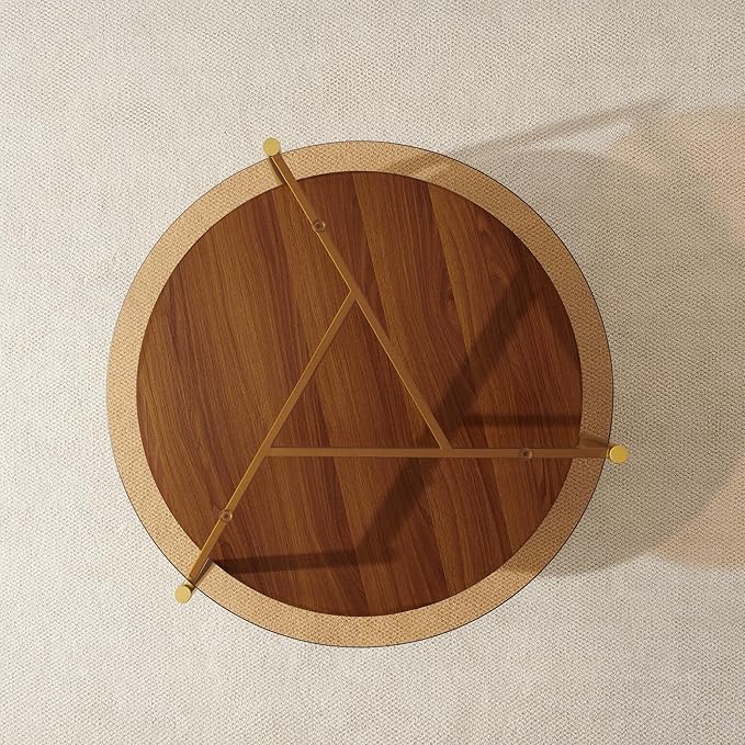 Round Coffee Table, Mid-Century Modern Design, D30*H17 inch, for Living Room, 2-Tier Structure, Amber Glass Top and Walnut Wood Shelf, Sleek Conical Metal Legs with Gold Finish