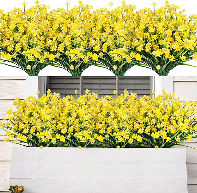 AmyHomie 20 Bundles Artificial Flowers for Outdoor UV Resistant Faux Flowers No Fade Fake Plastic Plants Garden Porch Window Box Decorating(Bright Yellow)