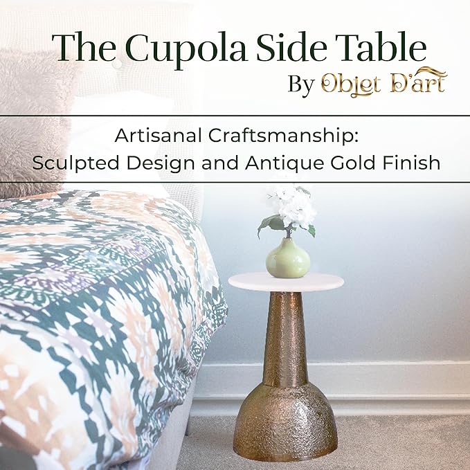 OBJET D'ART Small Round Gold End Table, Cupola, 22'' Height, Vintage Metal Accent, Side, Pedestal, Coctail and Drink Tables for Living Room and Small Spaces