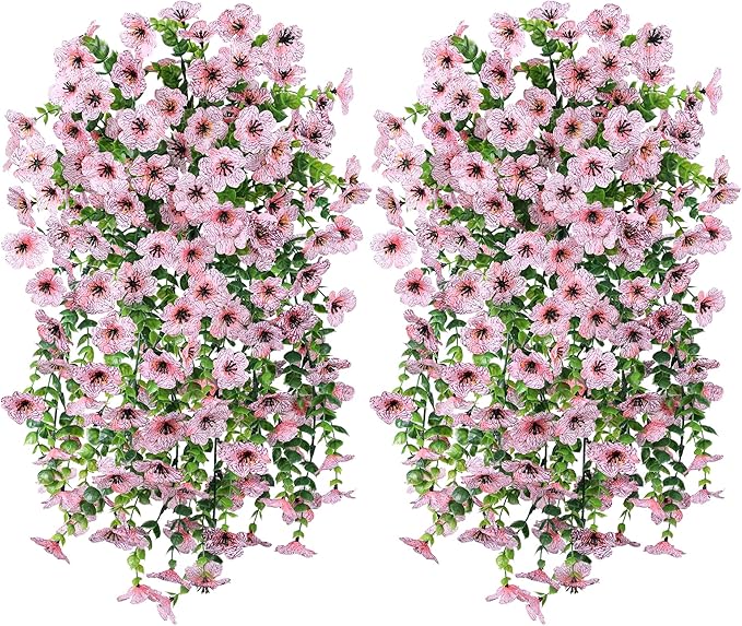 Artificial Faux Outdoor Outside Flowers Plants, 2 PCS Fake Silk UV Resistant Look Real Pink Daisy Trailing Vines for Front Door Porch Planter Urn Patio Balcony Decoration