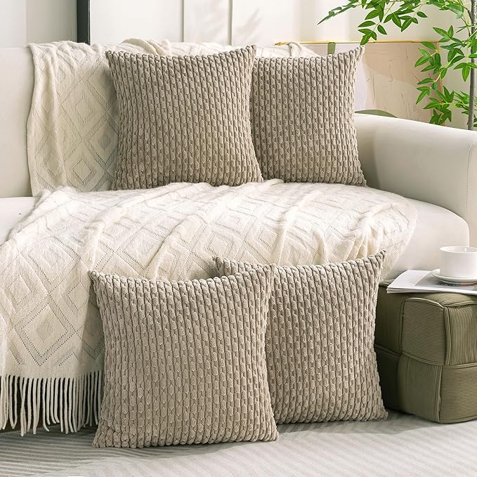 Set of 4 Taupe Decorative Throw Pillow Covers 22x22 Inch Corduroy Pillow Covers for Bed Couch Sofa Living Room Soft Square Cushion Cases
