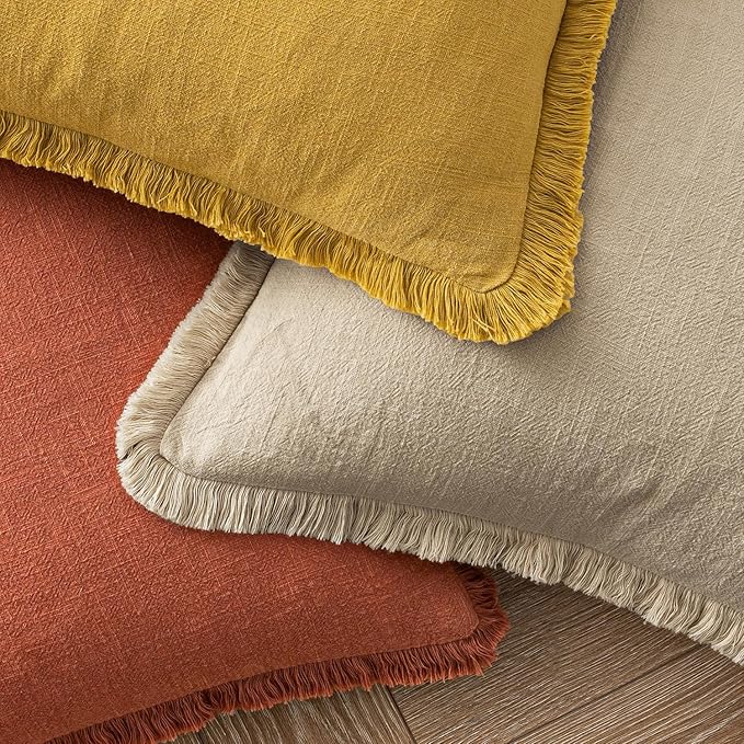 MIULEE Decorative Throw Pillow Covers Neutral Linen Fringe Throw Pillows Set of 2 Burnt Orange Boho Farmhouse Cushion Covers with Tassels for Couch Sofa Bed Living Room Home Decor 24x24 Inch