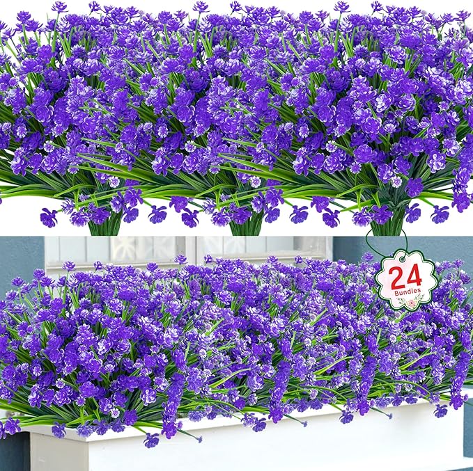 Ouddy Decor 24 Bundles Artificial Flowers for Outdoors UV Resistant Fake Plastic Plants Faux Boston Fern Greenery Stems for Spring Summer Indoor Garden Patio Window Box Kitchen Home Decor, Purple