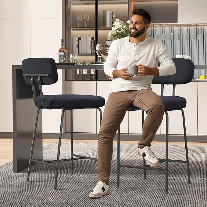 Counter Height Bar Stools Set of 3, 26" Black Fabric Kitchen Counter Stools with Backs, Metal Legs, Footrest and Wide Seat, Bar Chairs for Kitchen Island