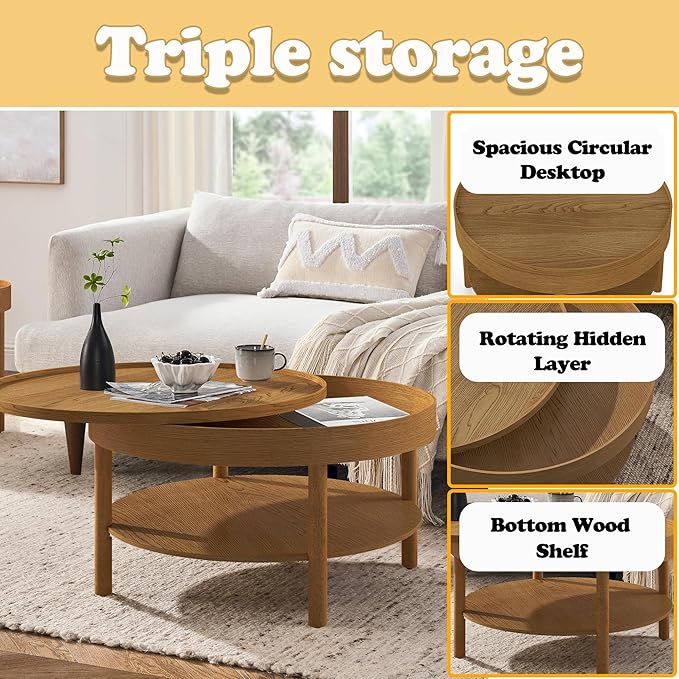 Round Coffee Table,Living Room Table with 3 Tiers 31.5 Inch Storage Pivoting Table with 3 Tiers, Made Entirely of Rubberwood and MDF Board (Brown 31.5" x 31.5" x 17.75")
