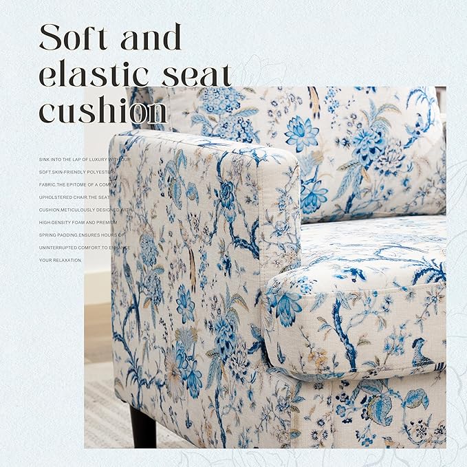 Mid-Century Accent Chair,Modern Linen Fabric Armchair for Living Room,Comfy Upholstered Reading Accent Chairs for Bedroom,Single Sofa Chair with Wood Legs (Blue Flowered Bird, 2 Pack)