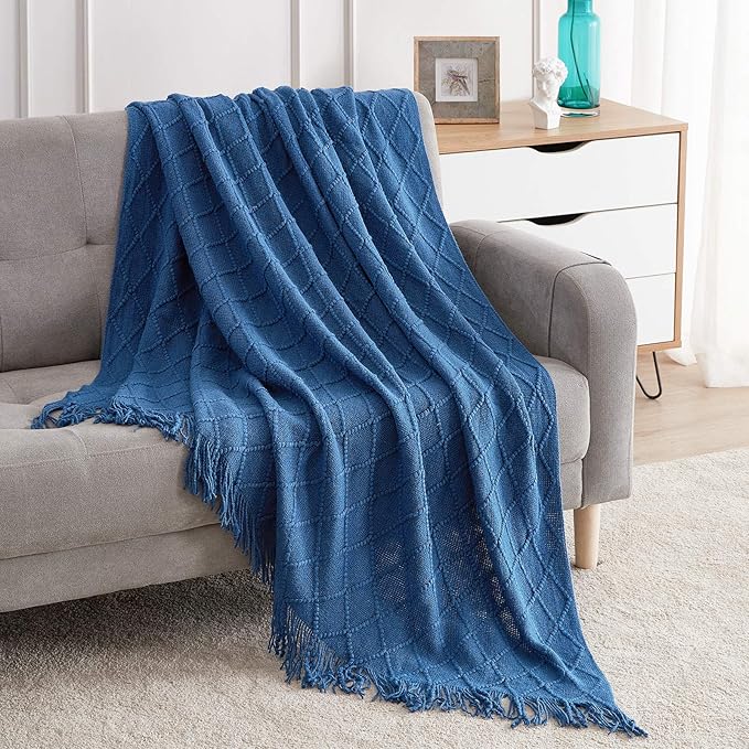 BOURINA Royal Blue Throw Blanket 50x60 Inches Throw Textured Solid Soft Sofa Couch Decorative Knit Blanket