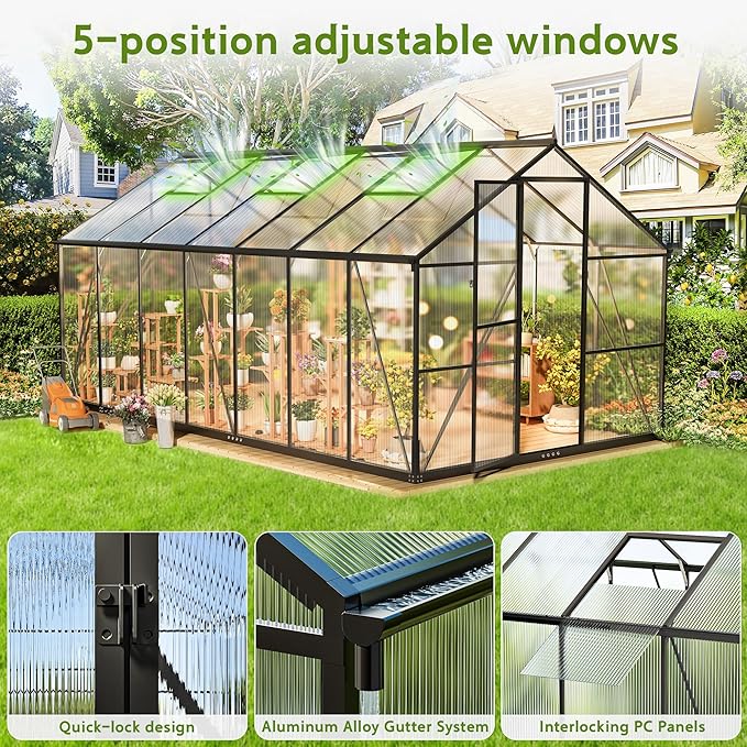 Wanan 8x14FT Greenhouses for Outdoors, Quick Assembly Polycarbonate Green House with UV Protection, Heavy Duty Windproof Aluminum Frame, Adjustable Roof Vent for Backyard or Outdoor Garden Use