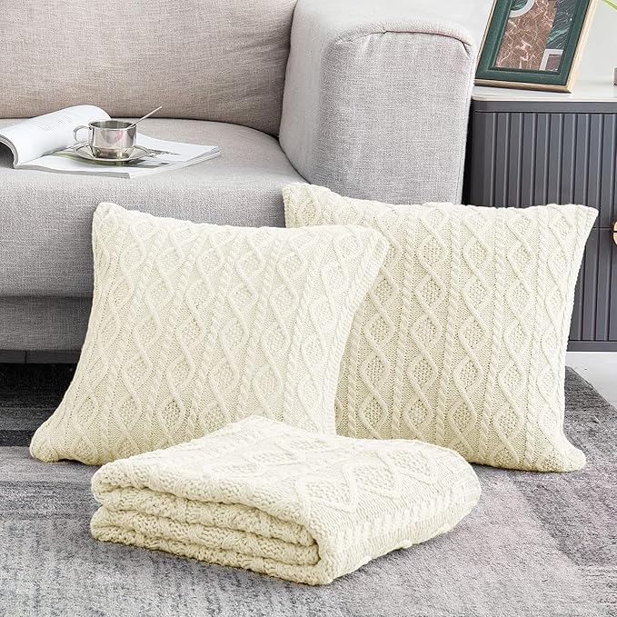 Homiest Cable Knit Throw Blanket & Pillow Set, Cream White Set of 3, Knitted Blanket (50"x60") & 2 Pillow Covers (18"x18"), Soft & Cozy Decorative Set for Couch, Bed, Sofa