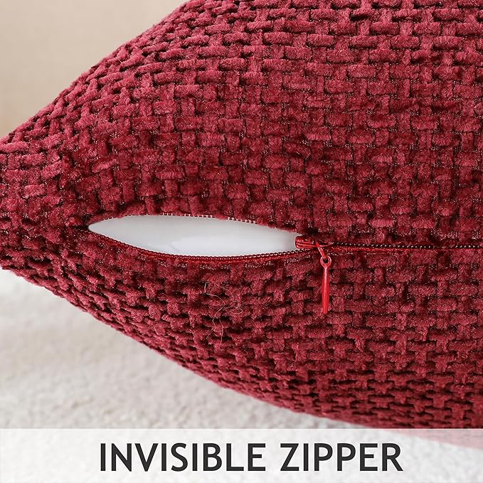 Stellhome Pack of 2 Woven Textured Decorative Throw Pillow Covers Soft Chenille Accent Luxury Cushion Cases for Living Room Couch Bed Sofa Farmhouse Boho Home, 16x16 inch, Burgundy
