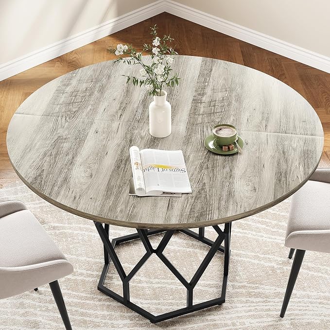 IDEALHOUSE 47 Inch Round Dining Table, Farmhouse Diner Table for 4-6 People, Kitchen & Dining Room Tables, Wood Circle Table for Kitchen, Dining Room, Living Room, Gray