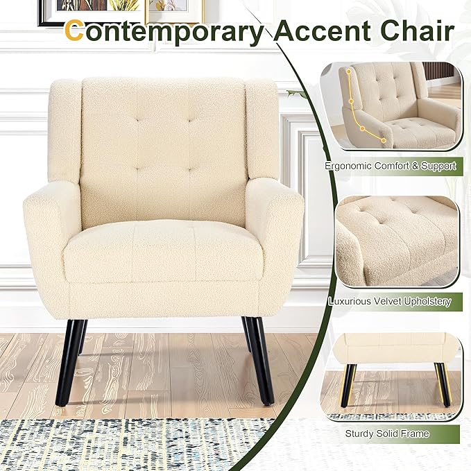 NicBex Modern Accent Chair for Living Room Upholstered Foam Filled Living Room Chairs with Metal Legs Teddy Cozy Lounge Armchair for Living Room Bedroom,Beige