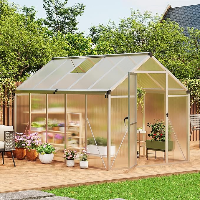 6 x 10 FT Greenhouse, Greenhouses for Outside, Polycarbonate Greenhouse with Aluminum Frame, Lockable Door and Ajustable Roof Vent for Backyard, Green Houses for Outside Garden Backyard, Patio