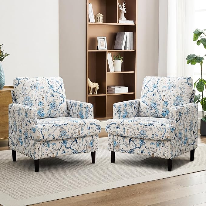 Mid-Century Accent Chair,Modern Linen Fabric Armchair for Living Room,Comfy Upholstered Reading Accent Chairs for Bedroom,Single Sofa Chair with Wood Legs (Blue Flowered Bird, 2 Pack)