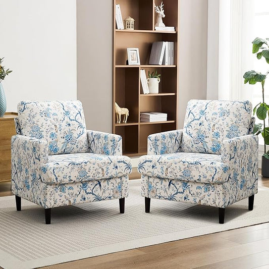 Mid-Century Accent Chair,Modern Linen Fabric Armchair for Living Room,Comfy Upholstered Reading Accent Chairs for Bedroom,Single Sofa Chair with Wood Legs (Blue Flowered Bird, 2 Pack)